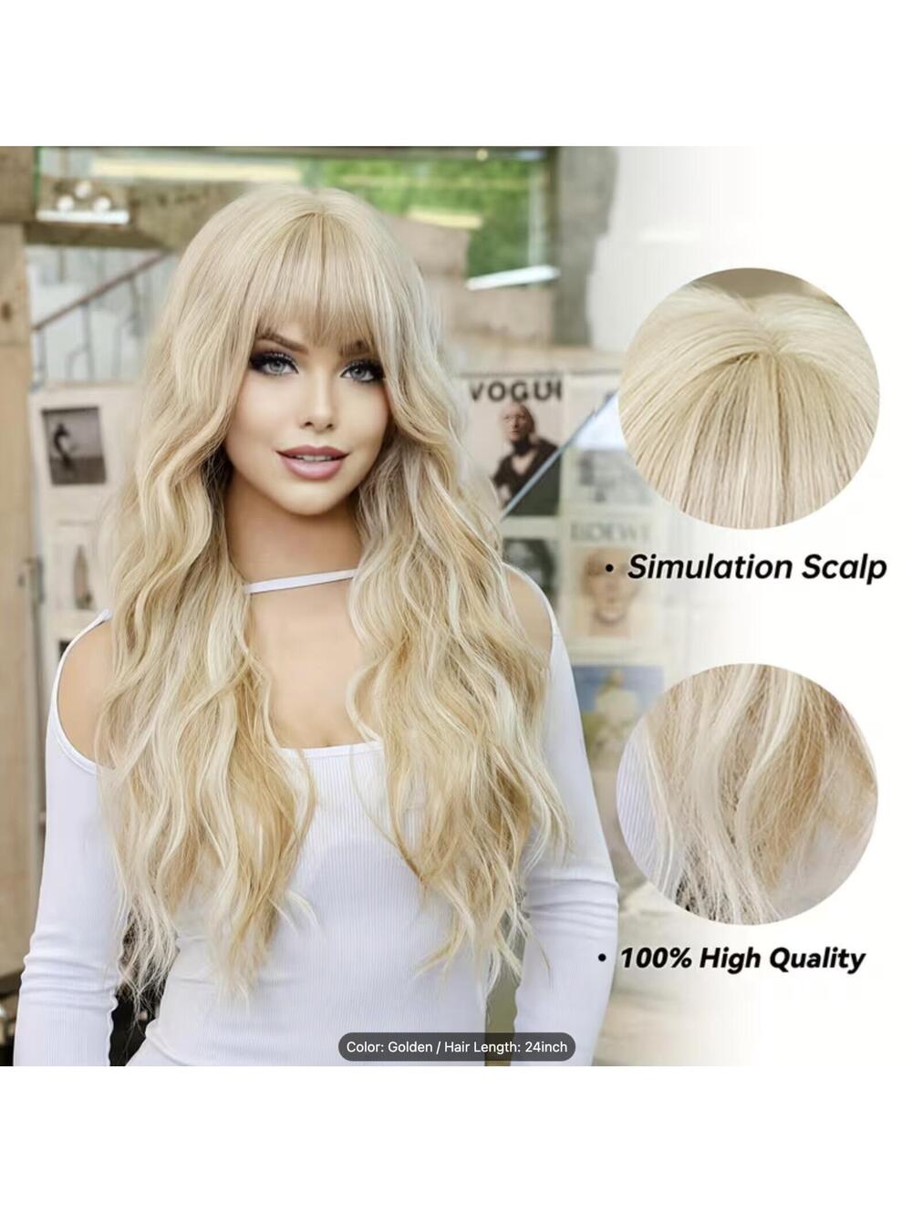 White Blonde 24" Wavy Long Wig Y2K Extra Long Wig Natural Wavy Women Bangs 1366